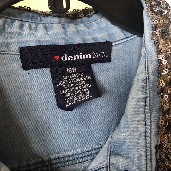 Denim 24/7 Plus Sz18W Long Sleeve Silver Sequined Collar Denim Shirt Comfy - Picture 3 of 7